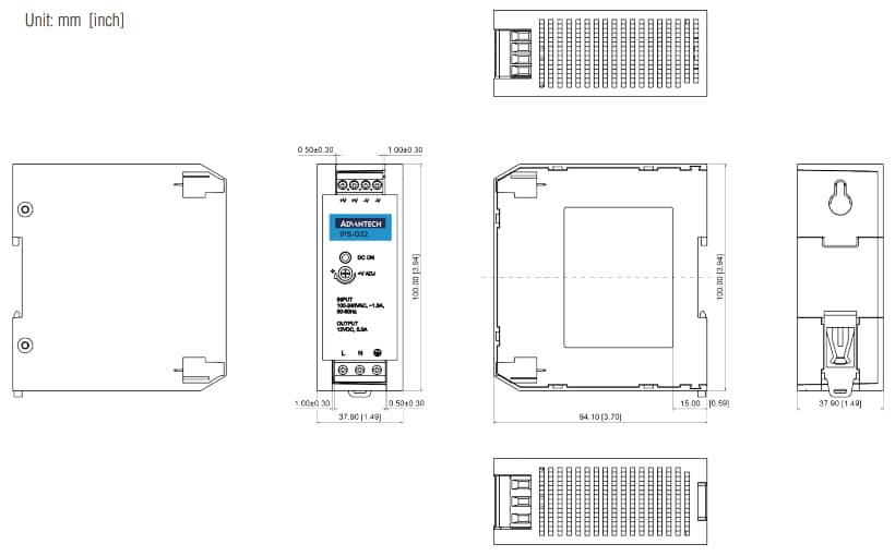 Plan mécanique - Advantech Alimentations électriques sur rail DIN IPS-D22A60W